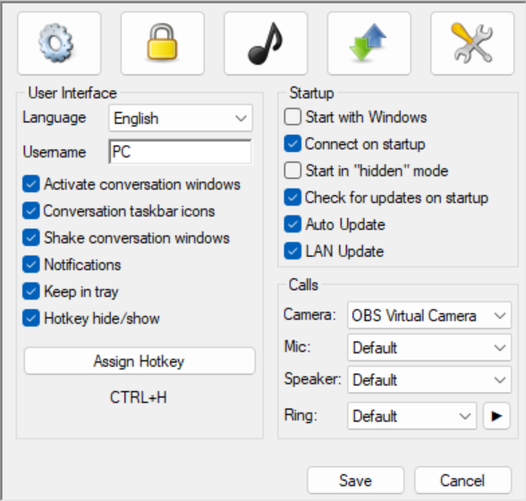 Preferences, General tab, with the new Calls group for camera, microphone, speaker and ringtone