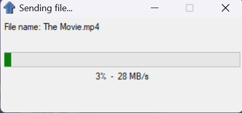 File transfer window showing 3 percent at 28 MB/s